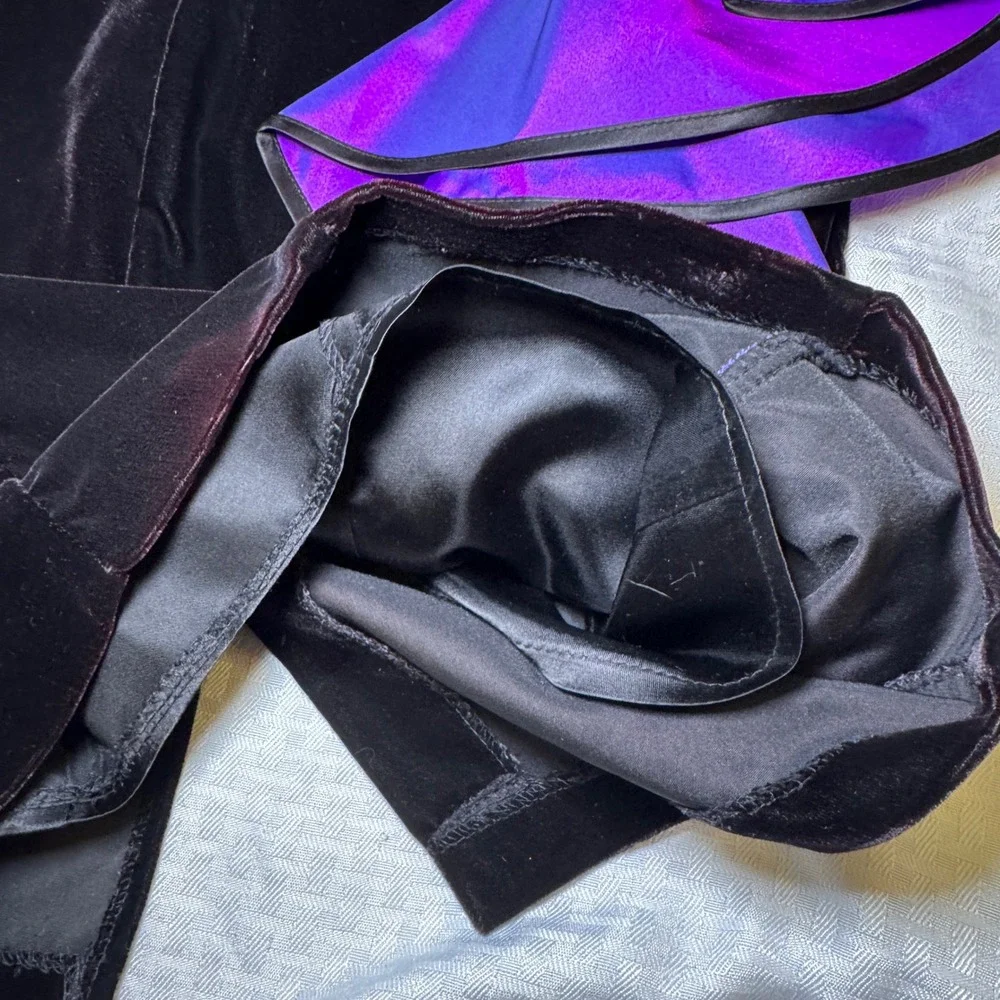 Vintage New Leaf 80s Black Velvet Purple Ruffle Beaded Floral Cocktail Dress 4 - Picture 9 of 10